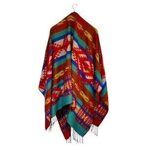 Merona Red Blue Teal Aztec Women's Scarf Wrap Shawl w/ Fringe Oversized